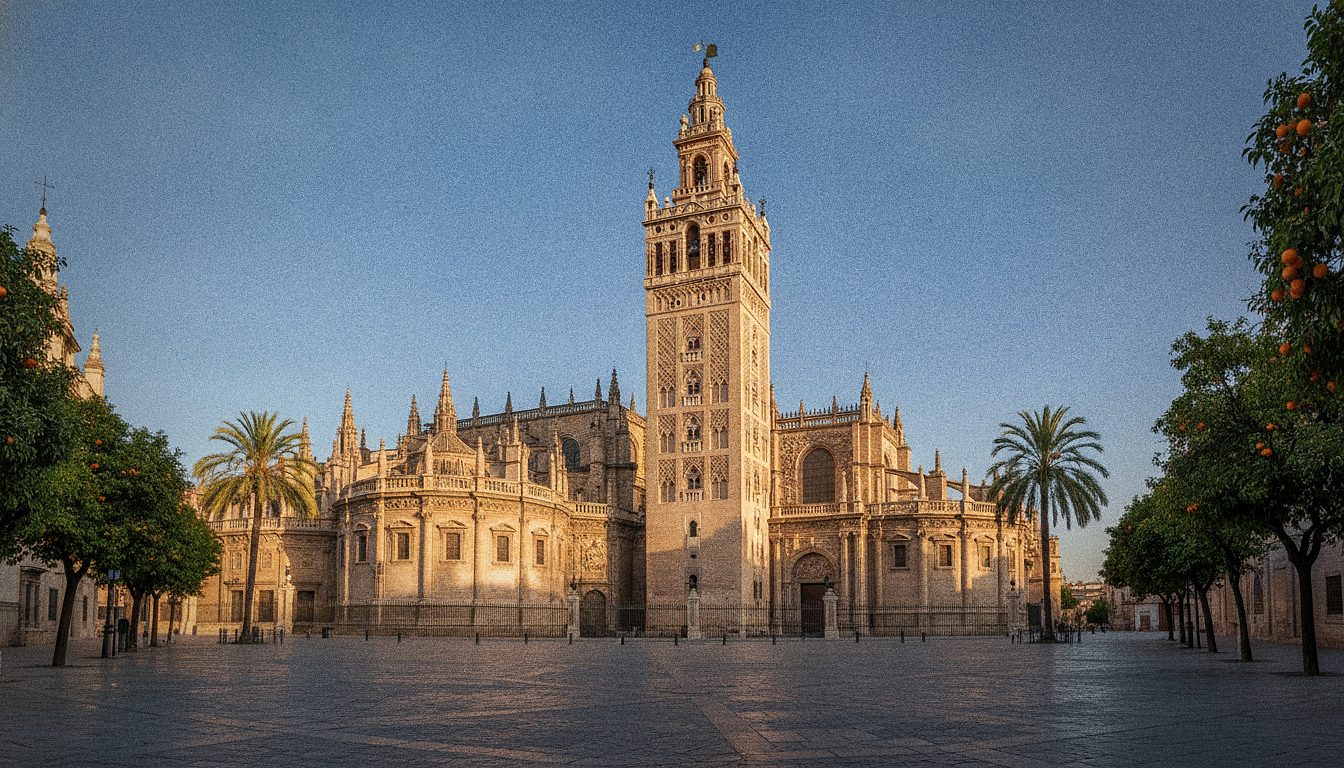 La Cattedrale di Siviglia con la torre della Giralda vista dall'esterno in una giornata di sole