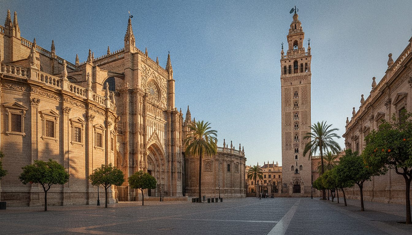Visitatori all'ingresso della Cattedrale di Siviglia con la Giralda sullo sfondo in una mattina di sole
